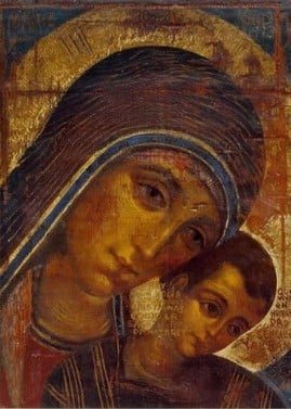 An icon of the Virgin Mary, holding the child Jesus. Both of them are looking towards us. Painted by the Spanish Painter Kiko Arguello