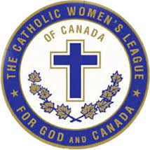 The Catholic Women's League of Canada Logo. It depicts a blue cross, surrounded by branches of maple leaves. It's motto is: For God and Canada