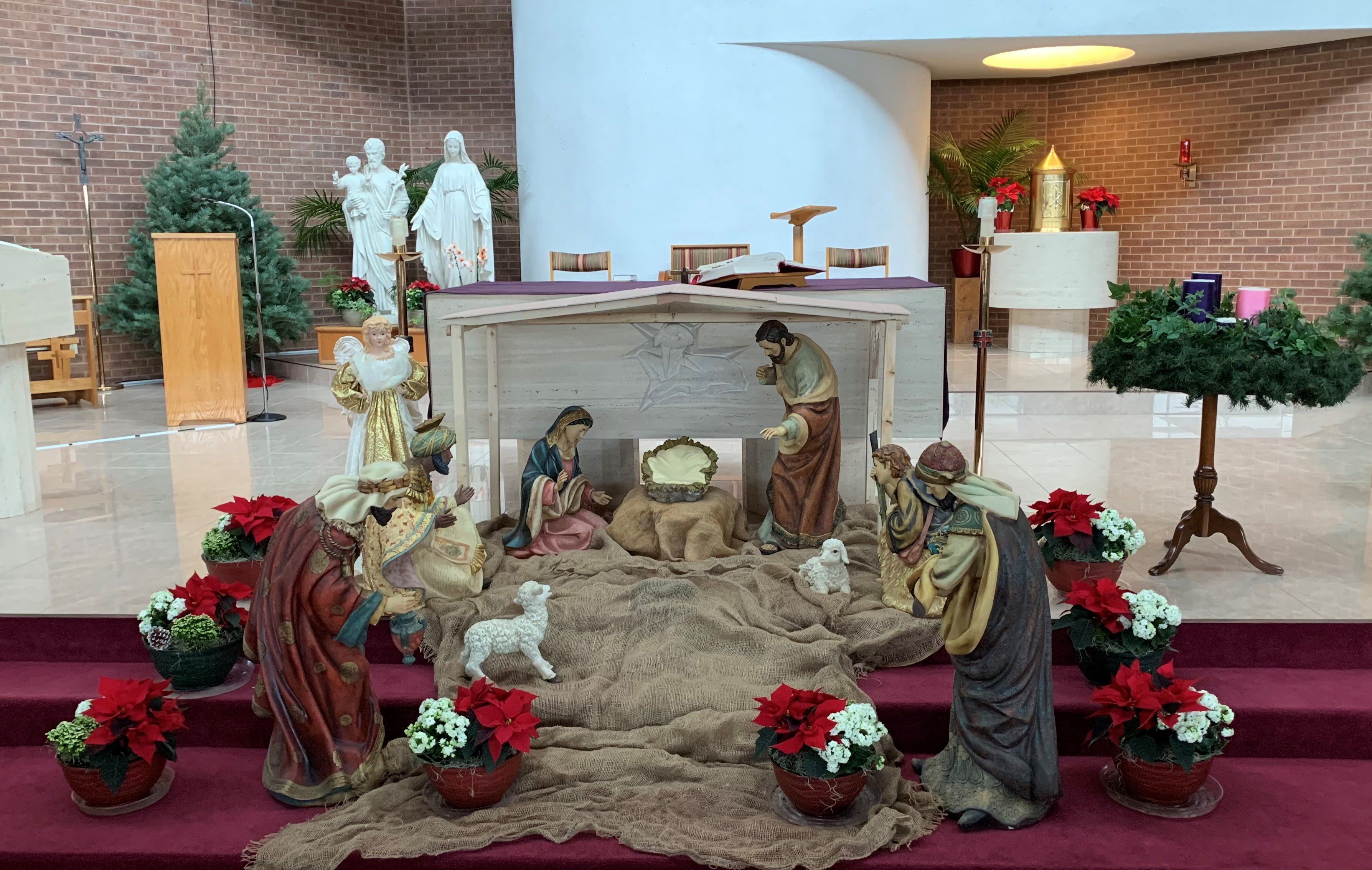 A picture of the Nativity Scene, in front of the altar. The manger is in the centre, and Mary and Joseph are to the right and left of it, respectively.