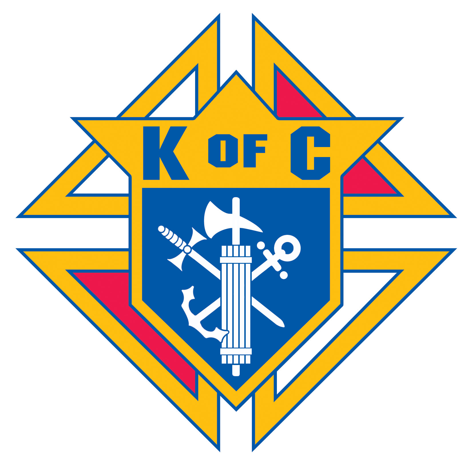 Knights of Columbus Coat of Arms. It depicts a golden shield with a blue centre. In the centre there is a bundle of wooden rods with an axe, a sword and an anchor.