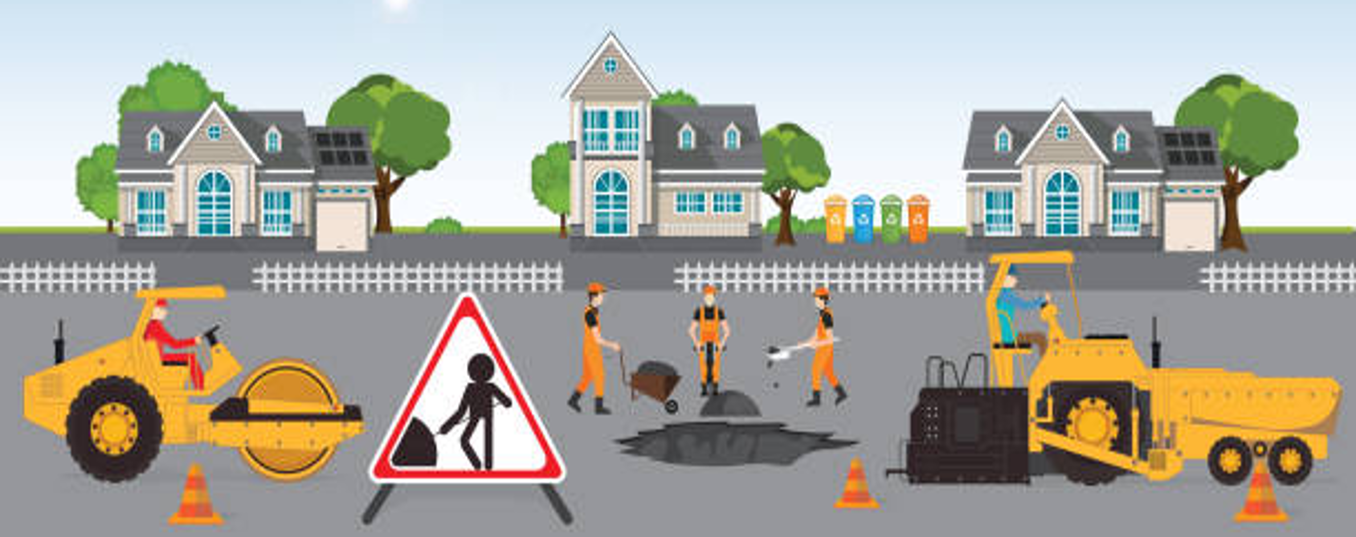 An image of road works, heavy machinery and workers
