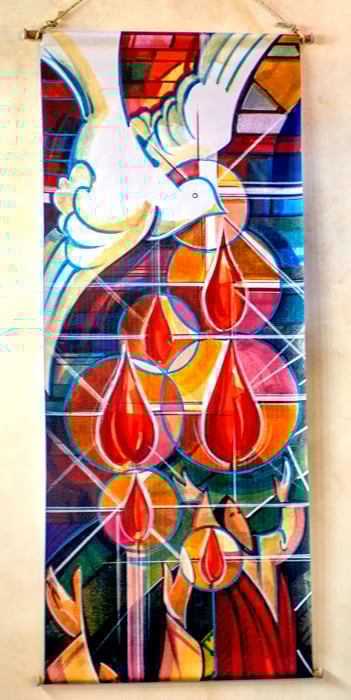An image of the Holy Spirit, represented by a white dove, giving his gifts in the form of flame of fire.