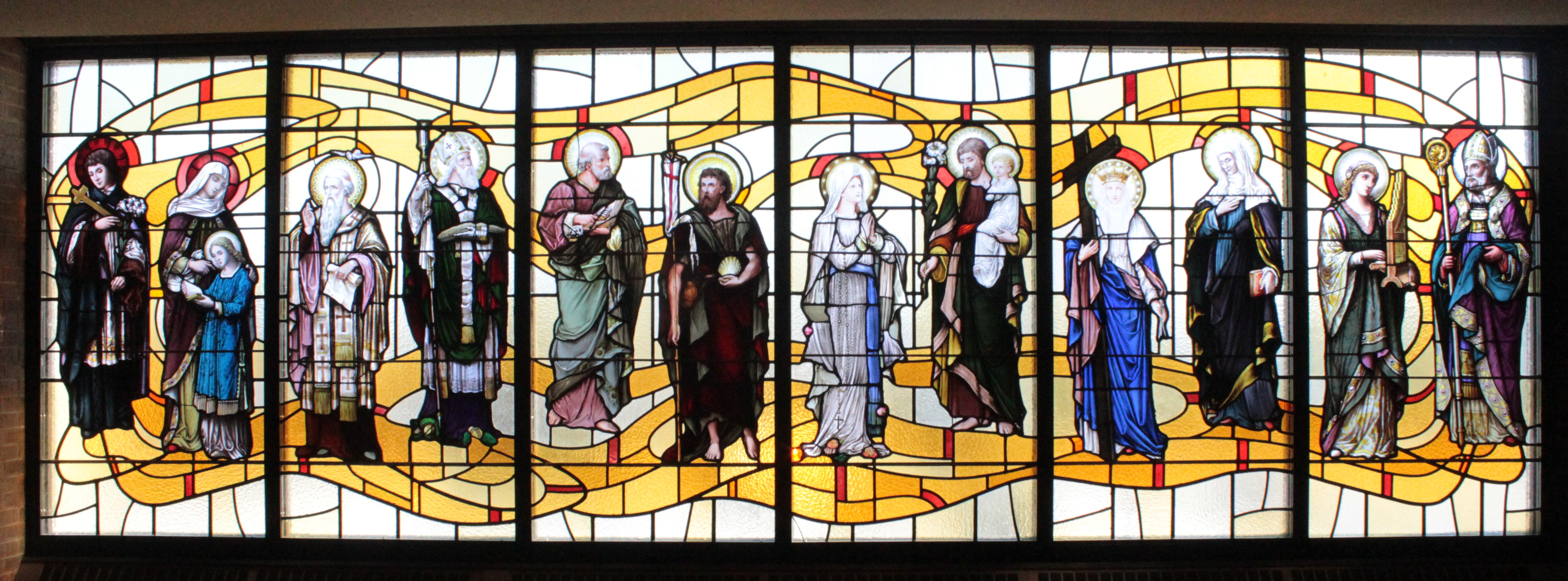 A picture from the stained glass room from St. John's. It depicts many saints.