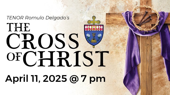 A cross with a purple cloth. The Cross of Christ Concert